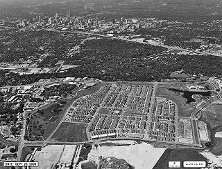 An aerial view of the Mueller development, looking southwest