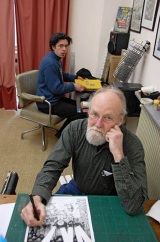 Shelton(front) in his studio with Not Quite Dead comix conspirator and all-around Frenchman Denis Pic Lelièvre.