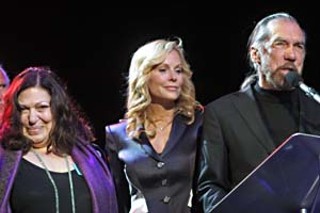 Susan Antone (left) and arts patrons Eloise and John Paul DeJoria introduce Denny Freeman.