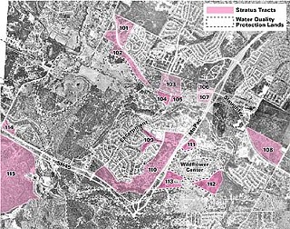 2002
<br>
Circle C and the Stratus Agreement
<br>
Color overlays indicate the tracts that are covered by the recently approved agreement between the city and Stratus Properties. Outlined areas indicate dedicated parkland and water-protection lands. Tract 110, slated for major commercial development, is the one preservationists still hope to buy from Stratus.